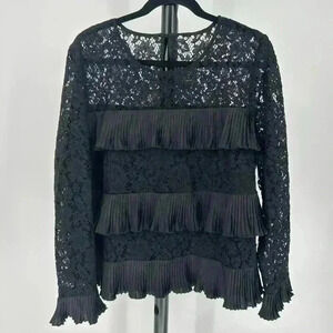 J. Crew Womens Pleated‎ Lace Ruffle Blouse Size 16T Black Dressy Formal Party